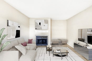 Virtually staged livingroom with carpet, accent rug, couch, coffee tables, upholstered bench, fireplace with mantel